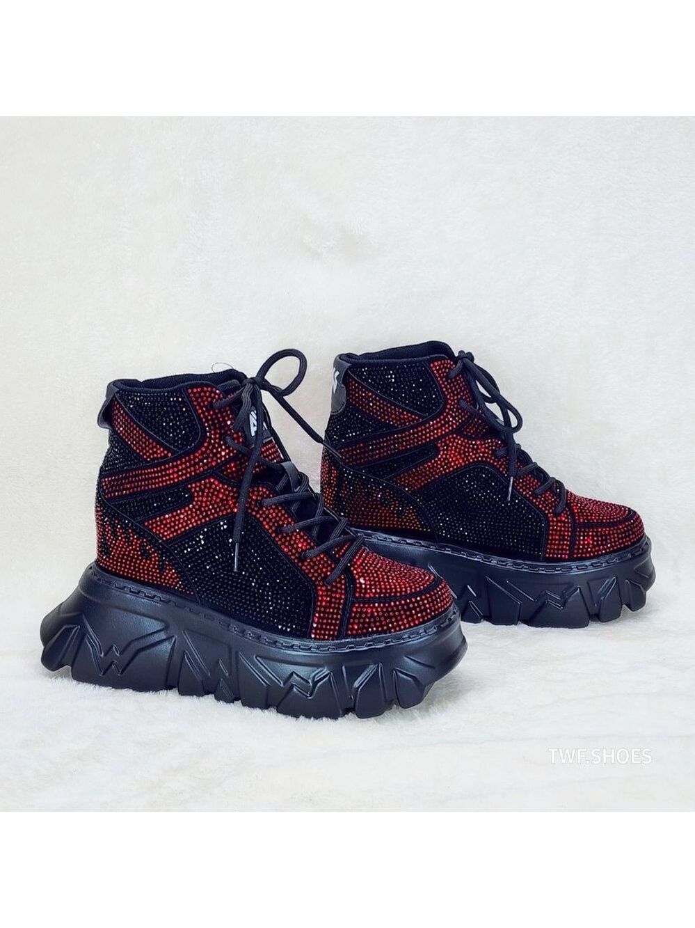 Anthony Wang Berry Red & Black Rhinestone Platform Hidden Wedge Sneakers